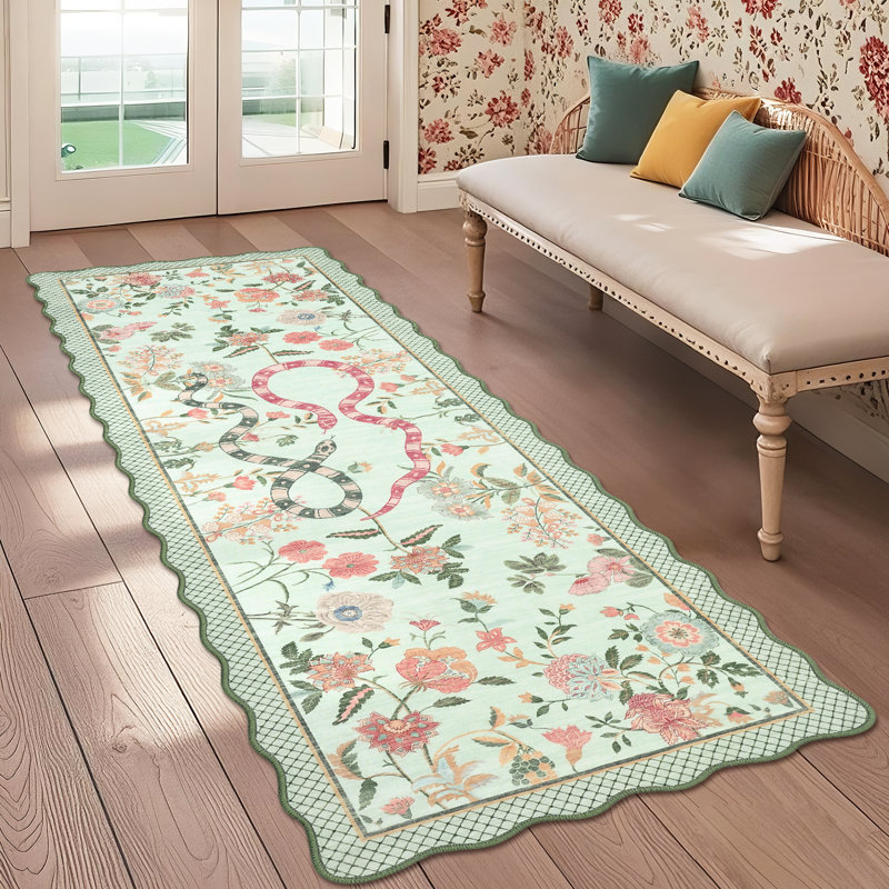 Tapis festonné moderne antidérapant Farmhouse Floral, Tapis de couloir 2 pi x 6 pi