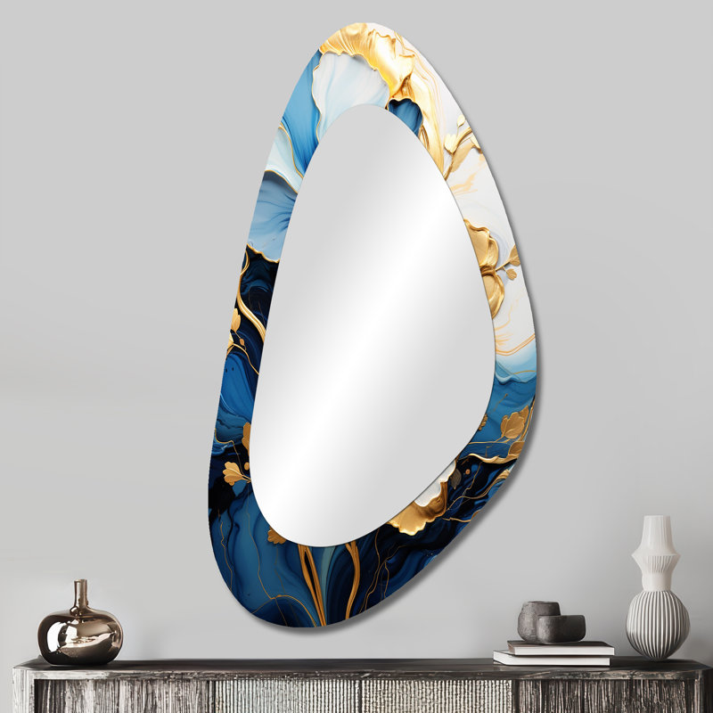 Blanc blanc, fleur, feuilles dorées - miroir mural asymétrique floral, miroir décoratif de forme irrégulière traditionnelle, impression d'art en métal