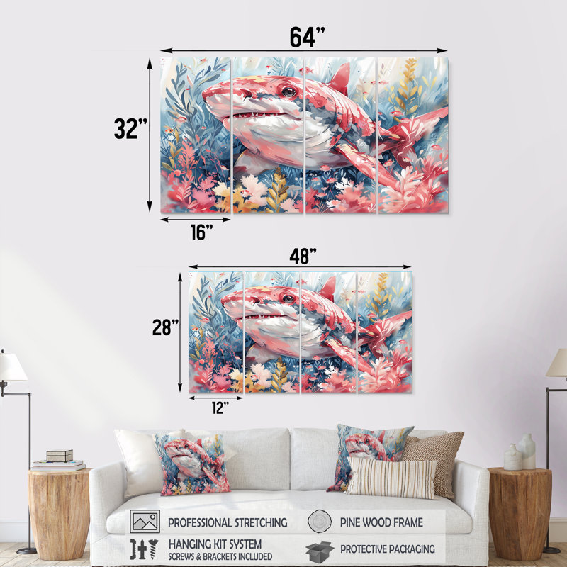 Pink Grey Hunting Shark Watercolor I - Shark Canvas Wall Art Set, 32" H x  64" W