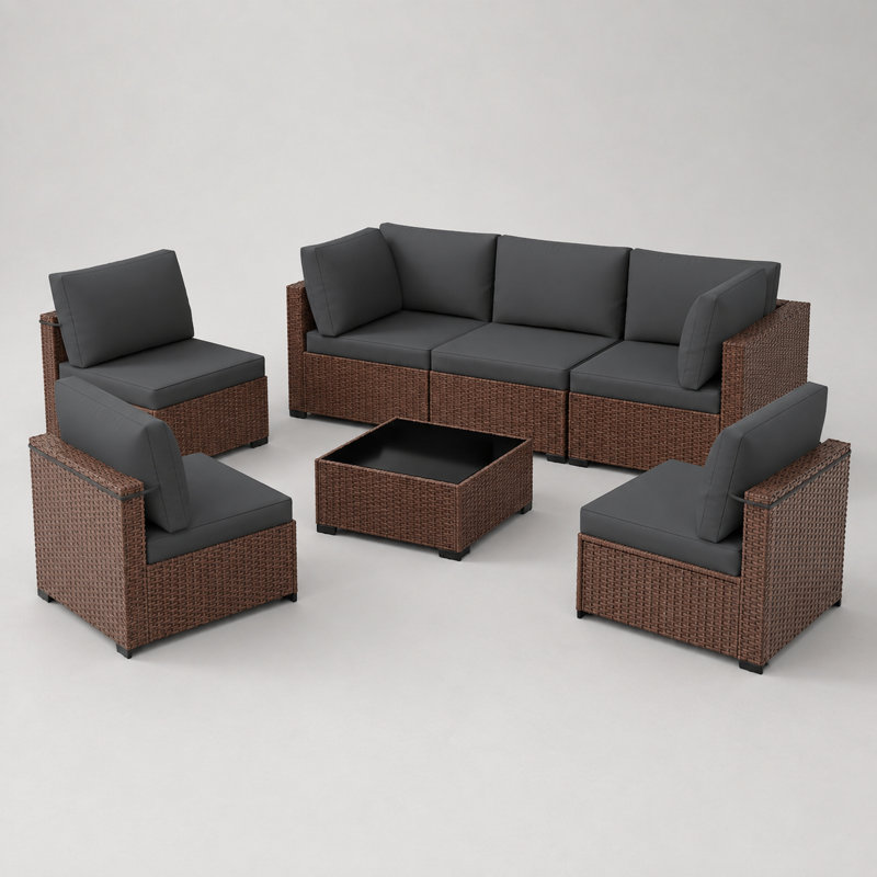 Ensemble de conversation d'extérieur en osier 7 pièces avec coussins et table basse - Gris, Dark Grey