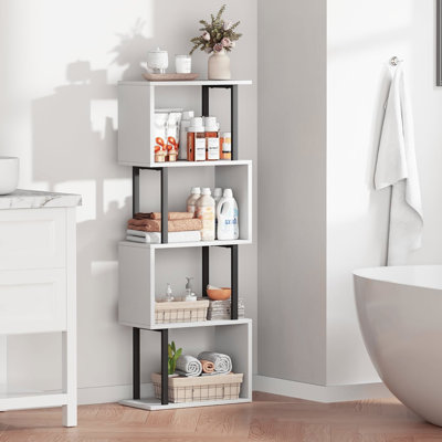 4 Tier S-shaped Geometric Wooden Bookshelf, Modern Freestanding Display Shelf for Multiple Scenes