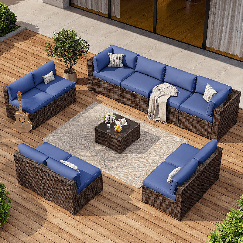 Ensemble de conversation modulaire en rotin avec coussins 11 pièces , Bleu, Brun