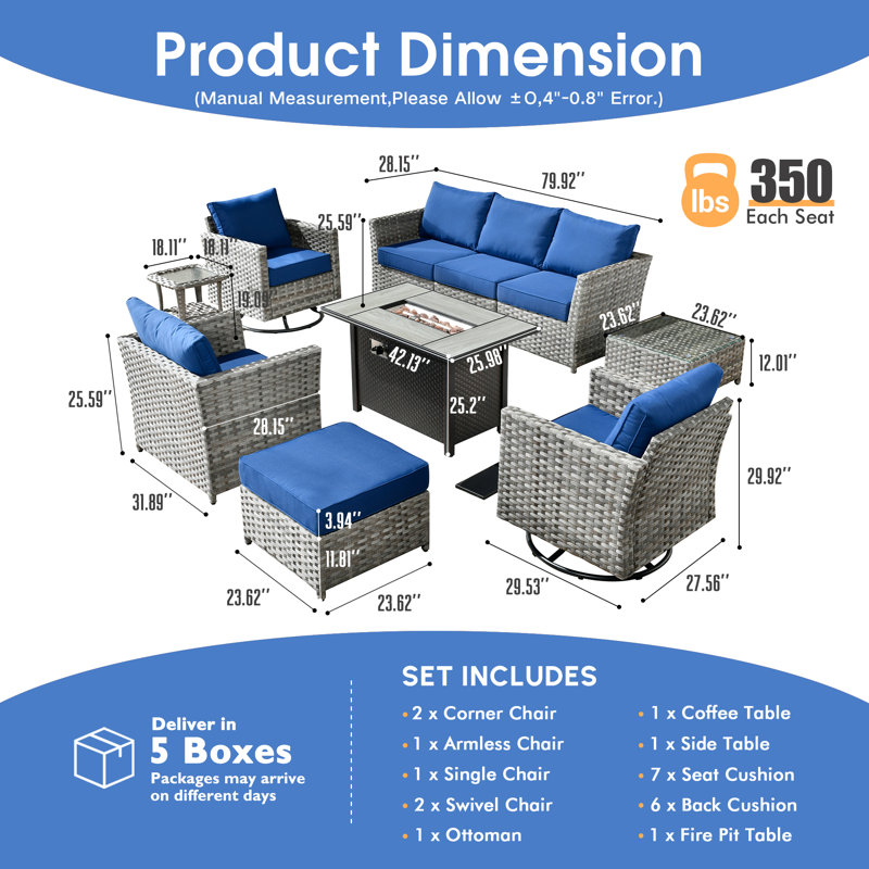 Maurey 7 - Person Patio Conversation Set with Cushions, Navy