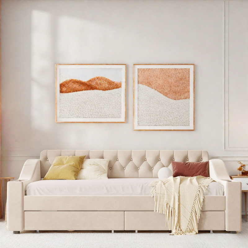 Lit de jour rembourré avec accoudoirs de rangement, ports USB, poches latérales, 2 tiroirs et capitonnage à boutons, Beige