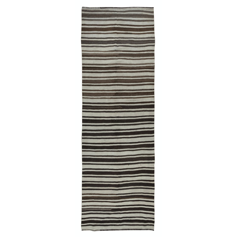 Tapis de couloir anatolien 4,2 x 12,8 pi en laine naturelle beige et brune tissée à plat