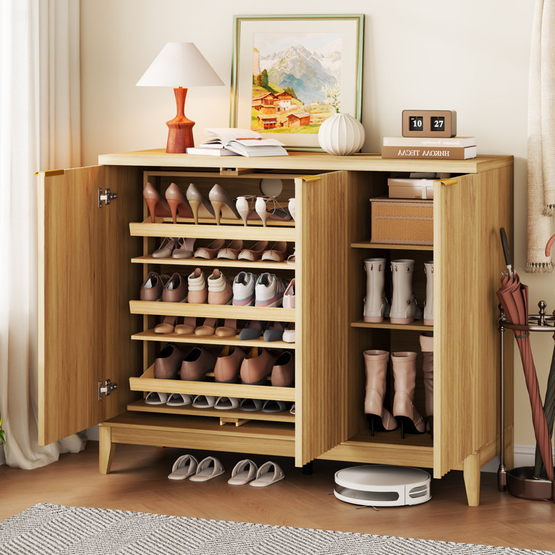 5-Tier Shoe Cabinet with Rotating Shoe Rack and Adjustable Shelves, Freestanding Shoe Storage Cabinet, Oak