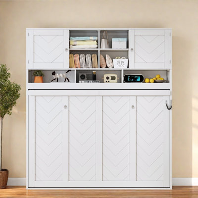 Lit escamotable avec tablettes ouvertes et armoire, grand lit escamotable