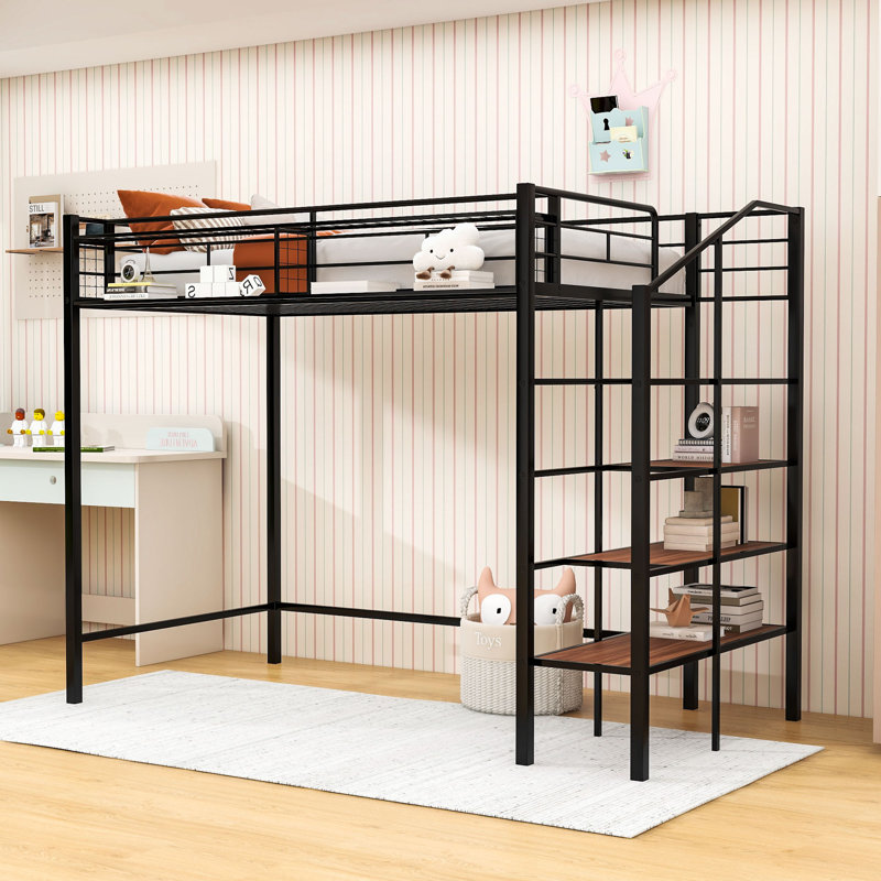 Twin Metal Loft Bed With Built-In Shelves And Guardrails, Black