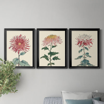 «Chrysanthemum Woodblock I», ensemble de 3 peintures sur toile encadrées