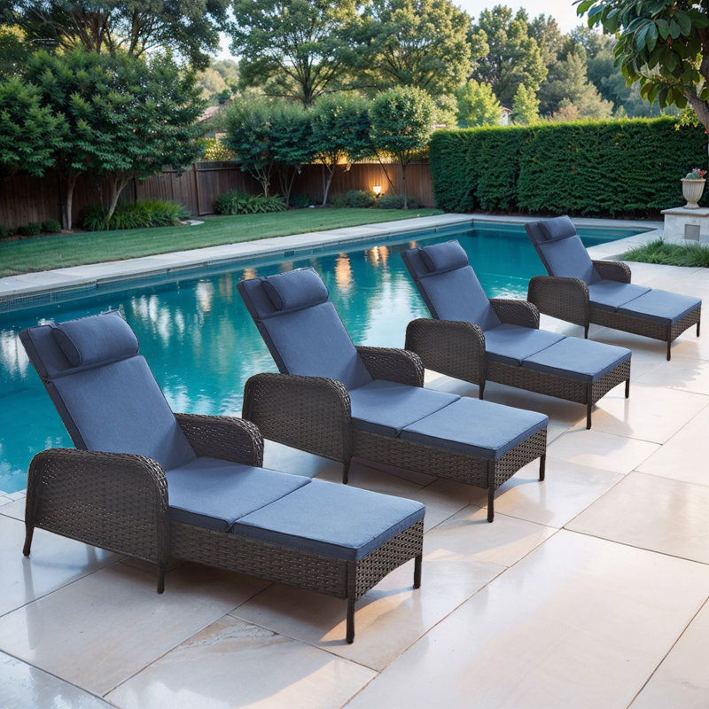 Dahlyla Outdoor Wicker All Weather Chaise Reclining Lounges with Cushions (Set of 4), Brown, Blue