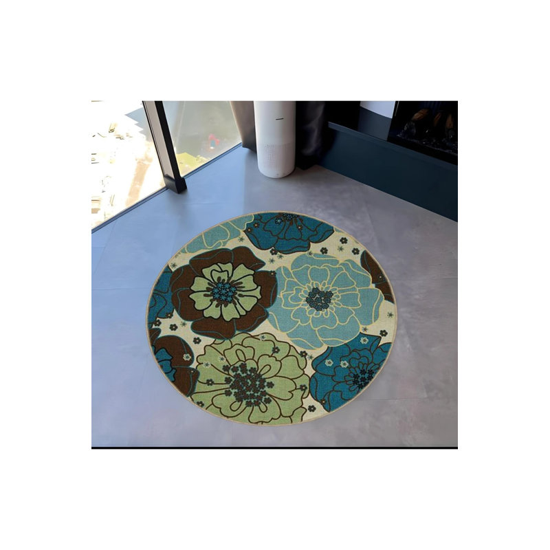 Floral Patterned Woven Base Decorative Carpet In Blue And Green Tones, Round 2'8"
