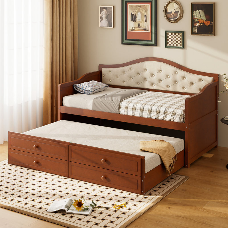 Lit de jour simple avec lit gigogne et 2 espaces de rangement, noyer rembourré à boutons pour pièces fonctionnelles, unités de lit élégantes