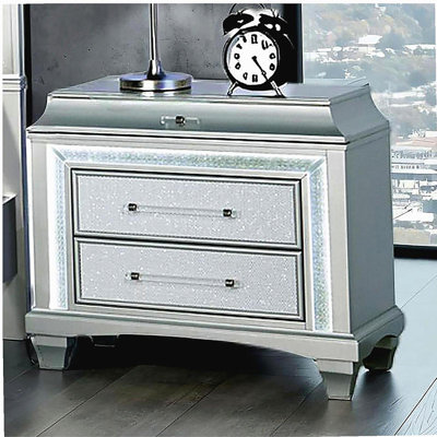 Glam Style 1pc Nightstand Acrylic Handles LED Light Faux Crystal Trim Gray Finish Bedroom Furniture