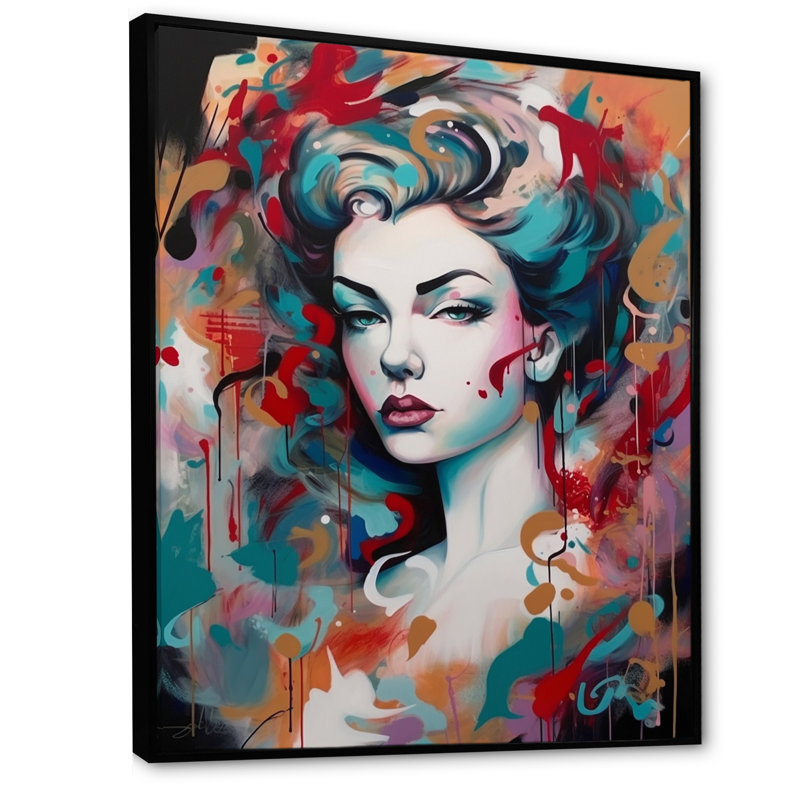 Portrait de femme pop art V - Peinture, H 20 po x l 12 po x P 1 po, Cadre flottant noir