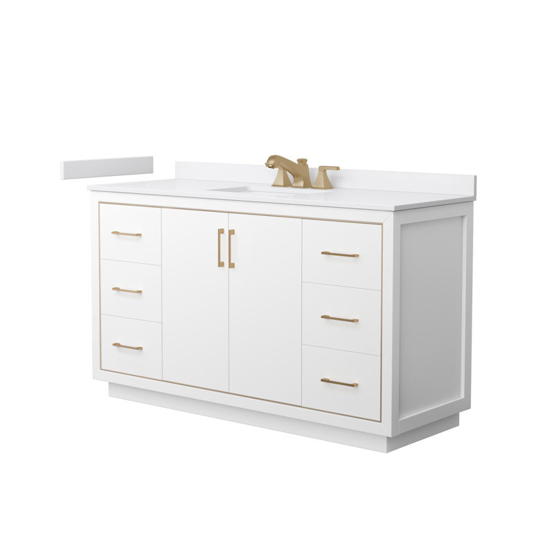 Icon 60" Freestanding Single Bathroom Vanity with Cultured Marble Top, White, Satin Bronze