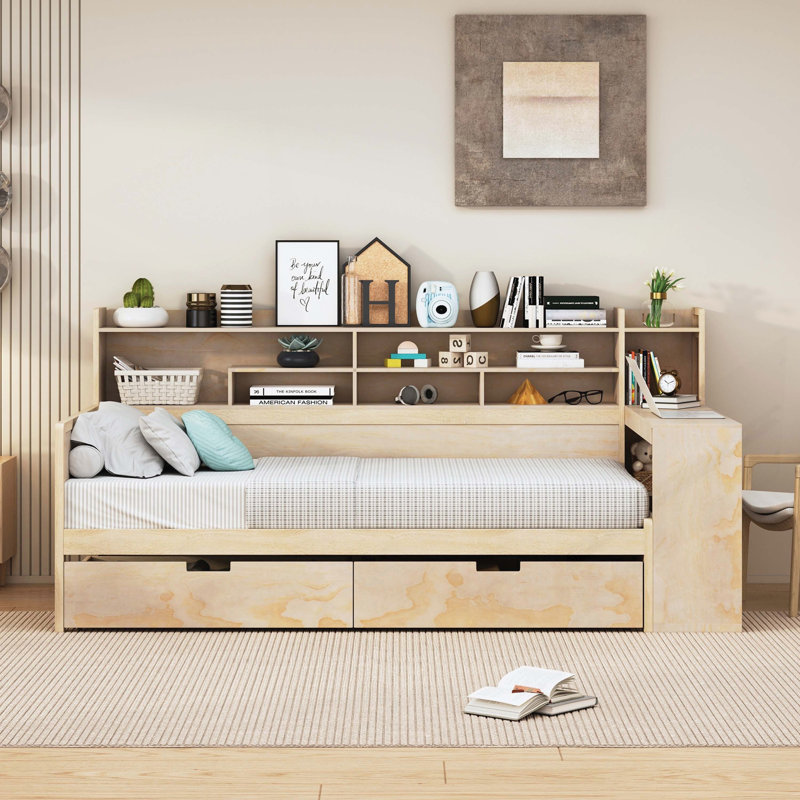 Wooden Daybed with Storage Shelves, Multi-functional Bed, Antique White, Twin