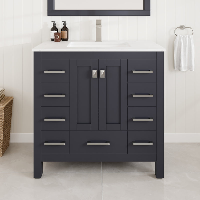 Meuble-lavabo gris foncé L 36 po x P 18 po avec comptoir en quartz de Carrare blanc et lavabo en porcelaine encastré