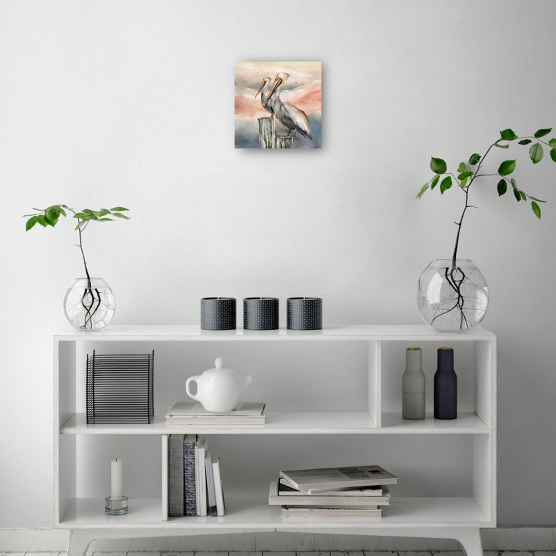 Pelicans at Dusk Large Gray and Pink Canvas Art Print