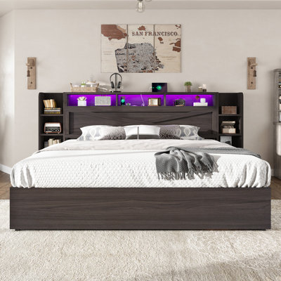 Shila 45.1" Lift Up Storage Bed Frame with Charging Station, LED Bookcase Headboard & 2 Side Shelf, King Size, Black