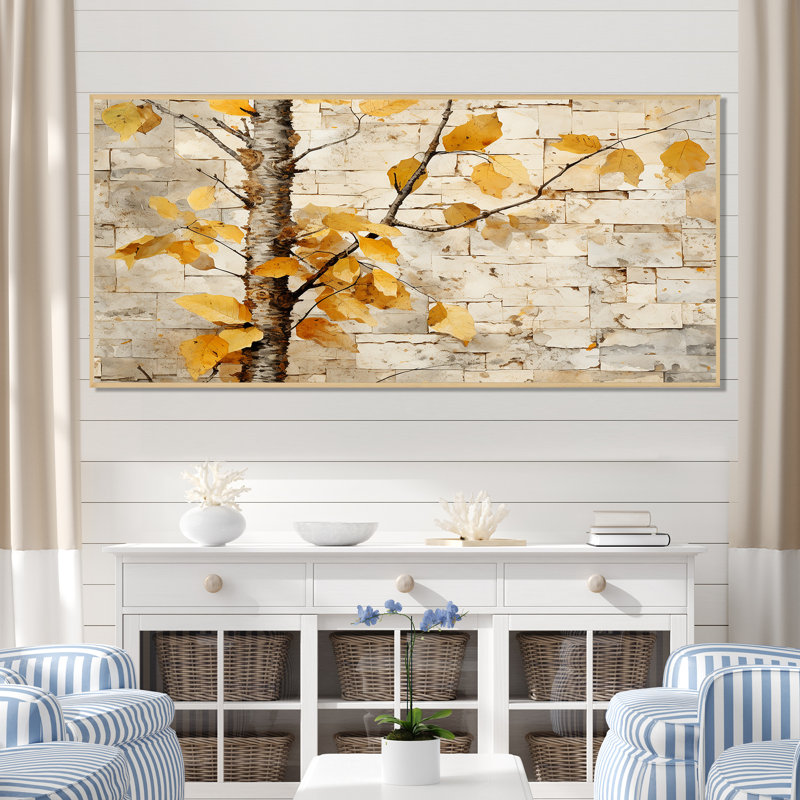 Forêt de bois de bouleau beige et jaune I - arbre, art mural, Cadre flottant brun, H 28 po x l 60 po x P 1,5 po