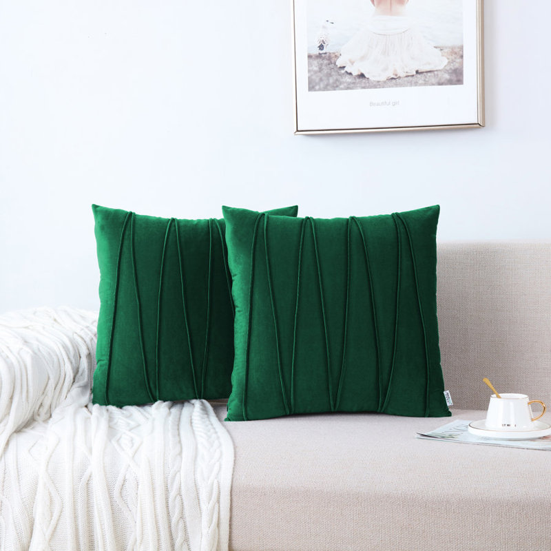 Pleated Square Polyester Velvet Pillow Cover, 20" W x 20" L, Emerald