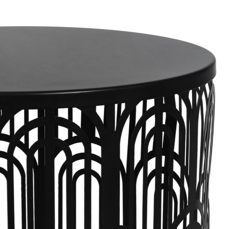 Set Of 2 Hollow-Carved Round Metal End Tables, Black