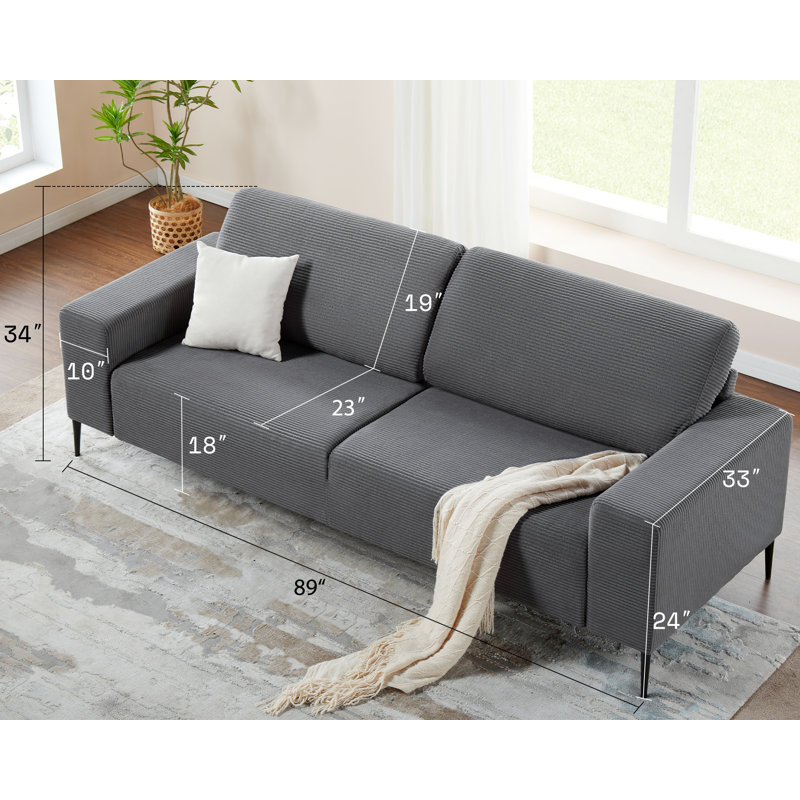 Mariotti 89" Modern Corduroy 3 Seater Sofa, Grey Corduroy
