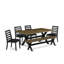 Ensemble de salle à manger 6 pièces comprenant une table, un banc avec plateau et 4 chaises empilables, recouvert de tissu de polyester noir brossé.