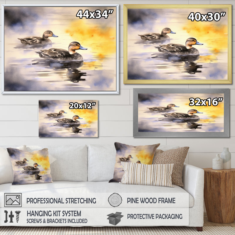Ducks In Pond IV, reproduction d'art sur toile, H 12 po x l 20 po x P 1 po, Cadre doré à une seule photo