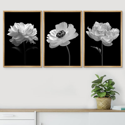 Flower Blossom " IDEA4WALL Framed Wall Art Print Set Black And White Poppy And Carnation Still Life Shapes Patterns Illustrations Modern Bohemian Multicolor Cool For Living Room, Bedroom, Office " 3 - Pieces