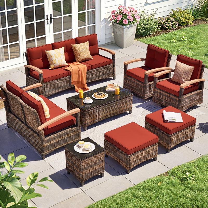 Meissalivve 8 Pieces Patio Furniture Sets,Wicker Patio Conversation Sets With 2 Wood Armrests Swivel Glide Chairs, Outdoor Couch, Loveseat For Deck Yard And Poolside (Red)