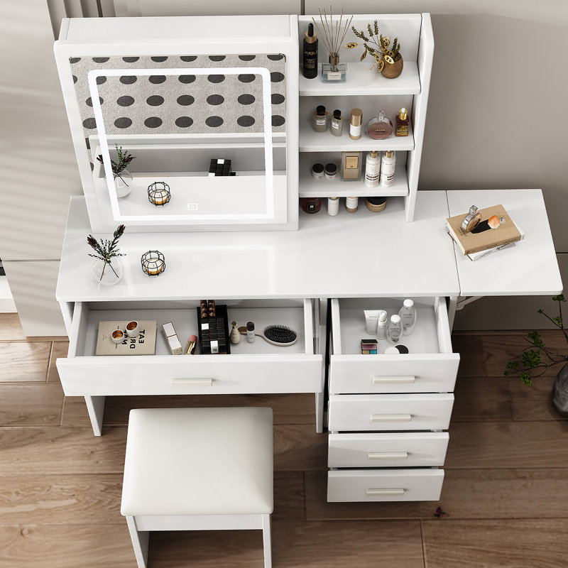 Bureau de coiffeuse Fashion avec miroir et lumières pour le maquillage avec tablettes ouvertes et chaise, miroir de coiffeuse
