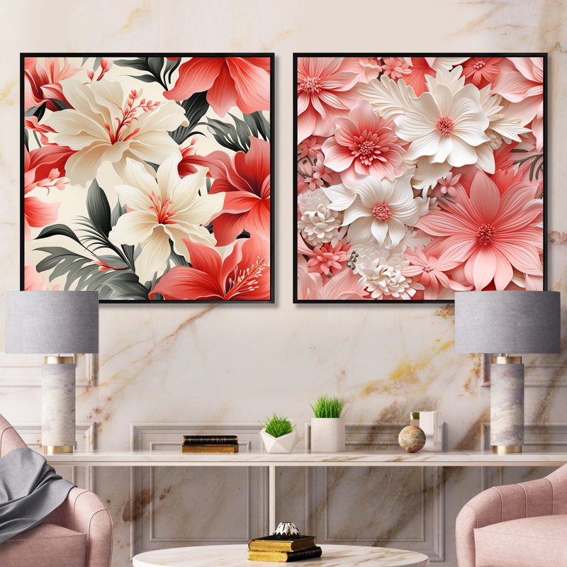 Greenock - Ensemble de 2 collages carrés floraux, Cadre flottant noir, H 30 po x l 61 po