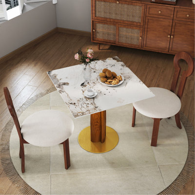 Table de salle à manger moderne carrée, table en pierre frittée de 33,5 po avec pieds en bois et base dorée, table de cuisine pour 2 personnes pour petit espace, capacité de poids de 150 lb (seulement la table de Négociation)
