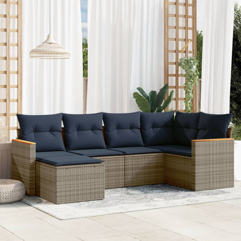 Ensemble de canapé de patio 7 pièces avec coussins en rotin de polyester gris
