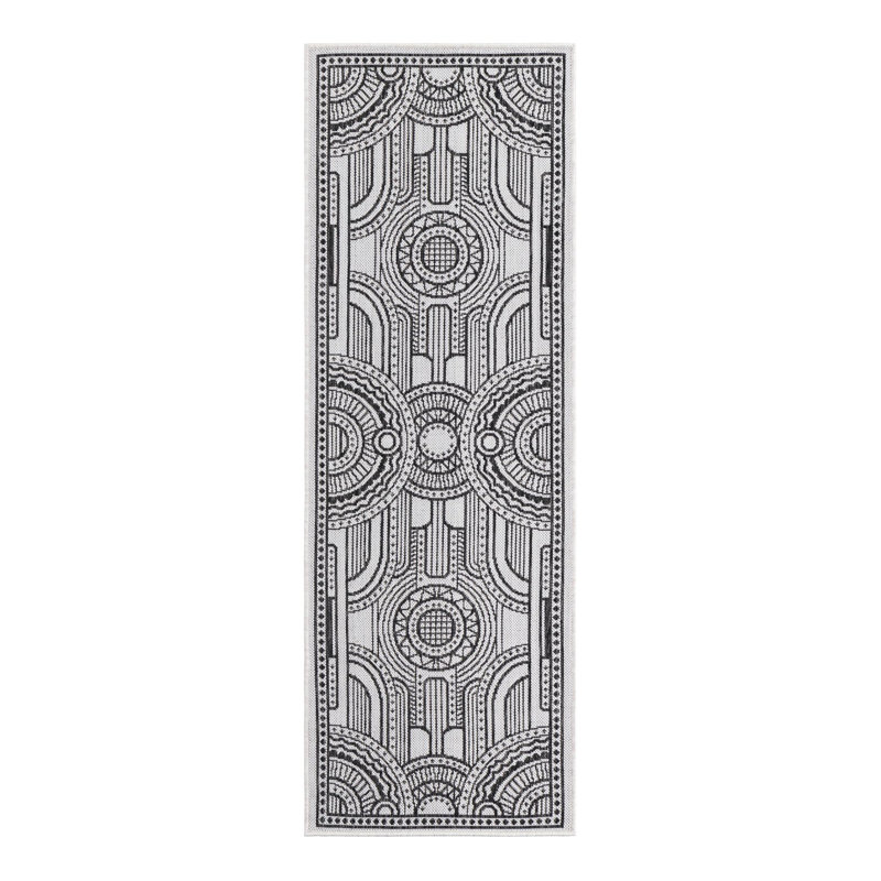 Tapis intérieur / extérieur en polypropylène géométrique tissé à la machine blanc / noir, Tapis de couloir 2 pi x 6 pi 1 po