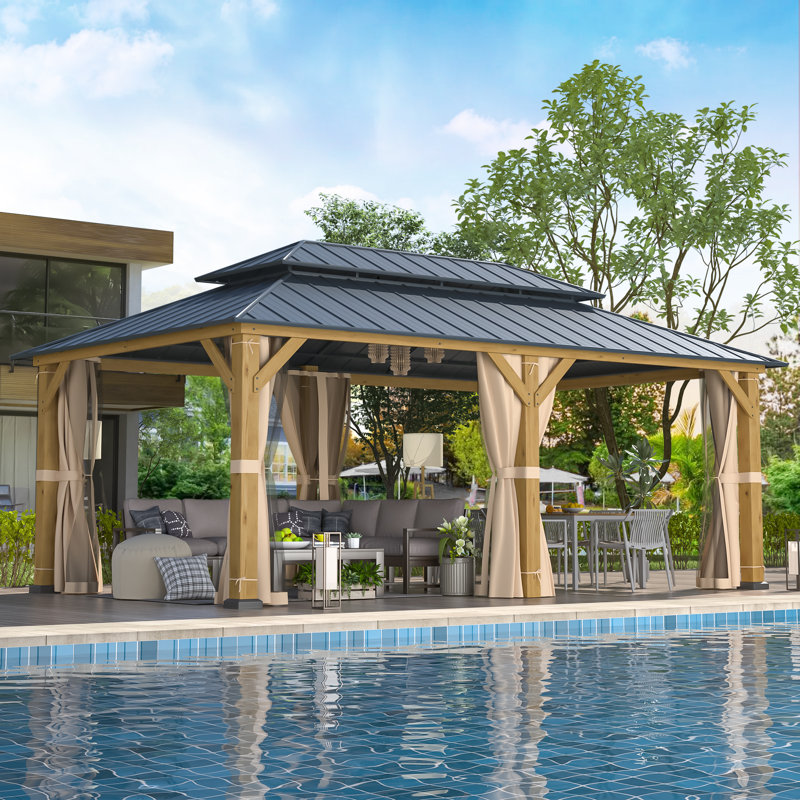 Cedar and Metal Hardtop Outdoor Gazebo with Curtains, 12' x 20'