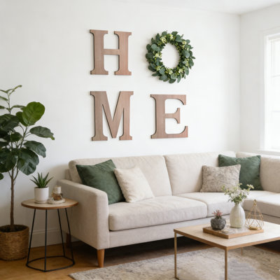 Panneau de maison en bois avec couronne de plante artificielle bricolage maison de ferme murale décorative lettres en bois pour décoration murale rustique, C3