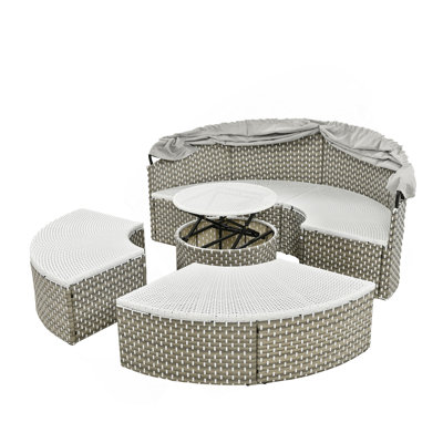 Patio Furniture Round Outdoor Sectional Sofa Set Rattan Daybed Two-Tone Weave Sunbed With Retractable Canopy, Separate Seating And Removable Cushion