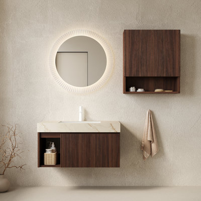 Ensemble meuble-lavabo suspendu EIDEN 91 cm + TOBI 66 cm, avec rangement intégré, comptoir en pierre frittée couleur crème veinée or, lavabo en céramique, 1 trou pré-percé pour robinetterie, robinetterie et bonde non inclus, couleur noyer.