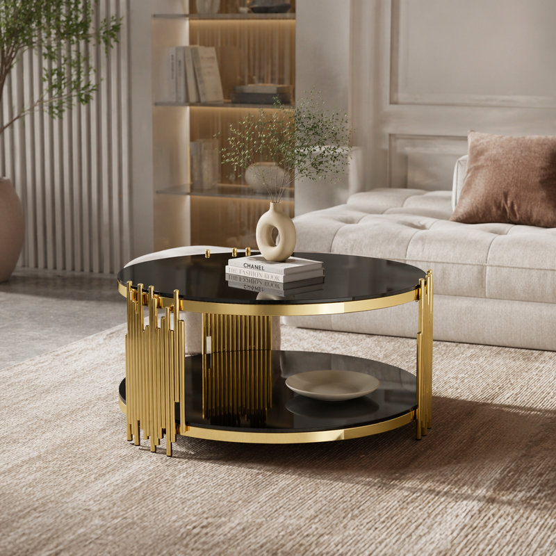 table basse ronde en acier inoxydable à double couche en verre trempé noir pour le salon