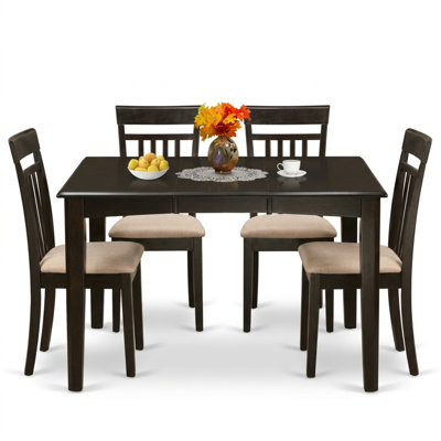 Cappuccino Finish Asian Wood Linen Fabric 7 Piece Kitchen Dining Table Set With Butterfly Leaf Slatted Back Chairs Padded Seats