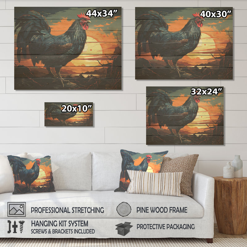 Sunset Roosters Farmyard II - Coq sur bois, H 30 po x l 40 po x P 0,78 po