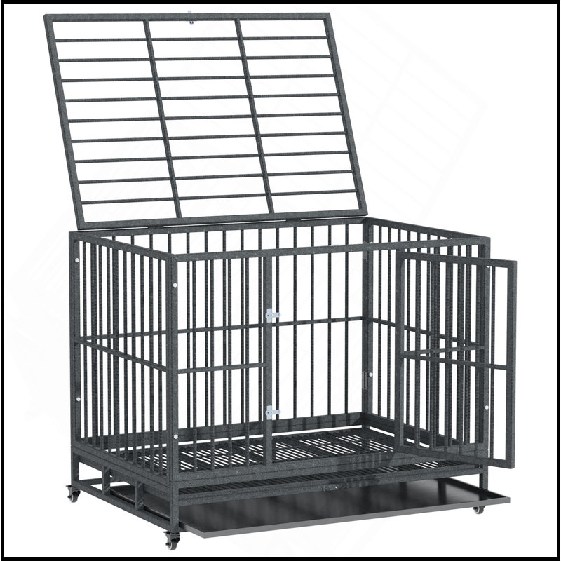 Chenil en cage 43 po en métal robuste avec roues verrouillables, porte double et plateau amovible, gris
