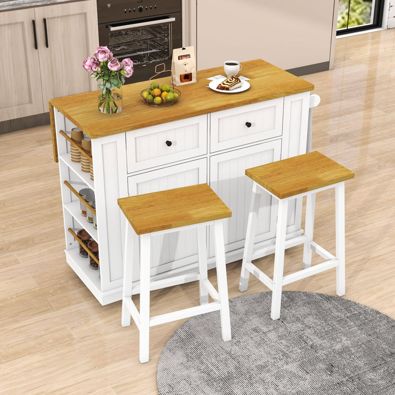 Kitchen Island with 2 Bar Stools, Power Outlet, Storage Rack and 2 Drawers, White