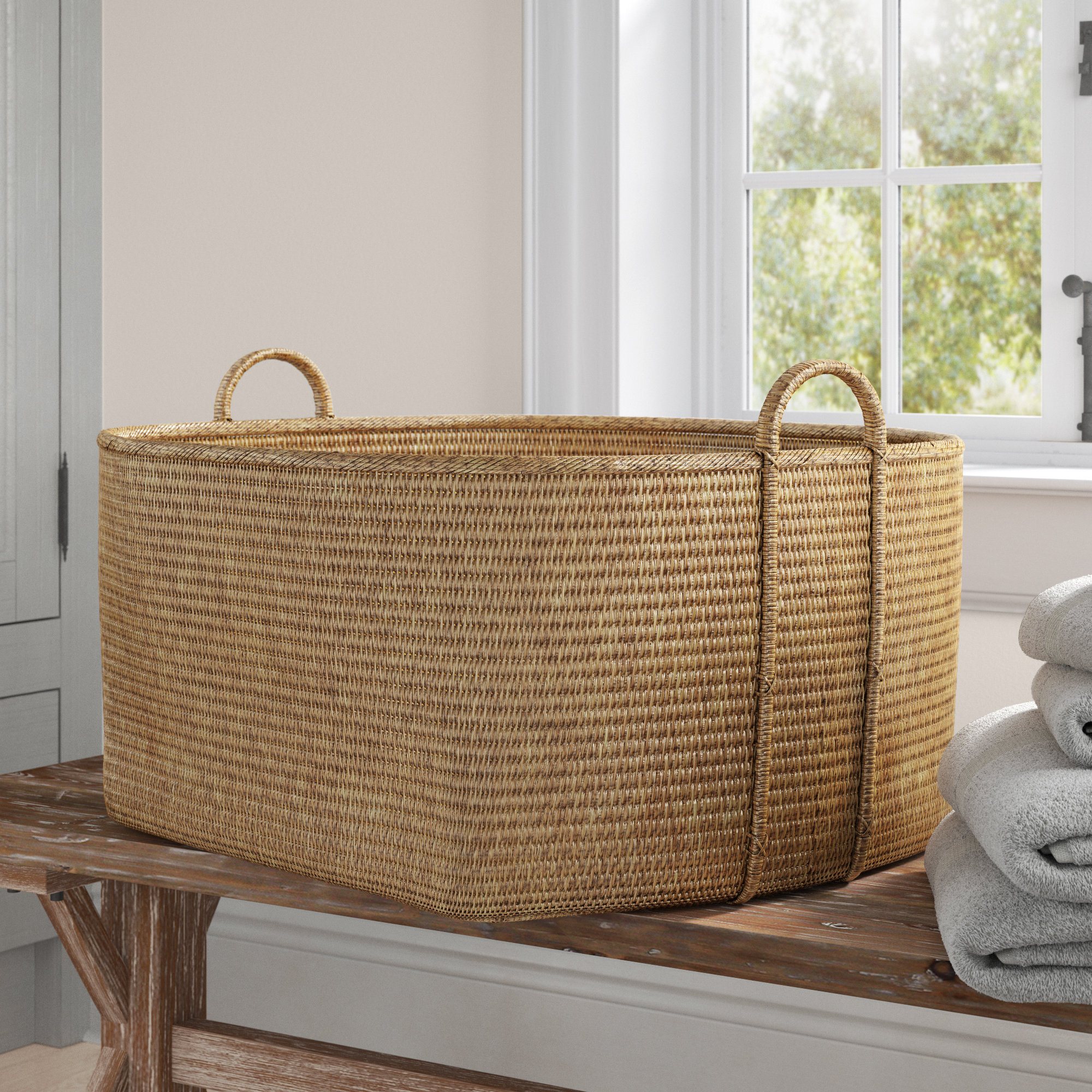 Thelma Handmade Rattan Decorative Basket 1, 14" H x 25" W x 22" D, Honey Brown