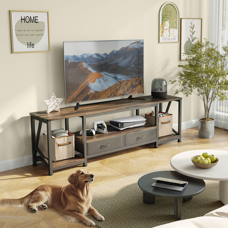 71" TV Stand for 80" TV – Industrial Entertainment Center with Fabric Drawers and Open Shelves, Rustic Console Table for Living Room or Bedroom