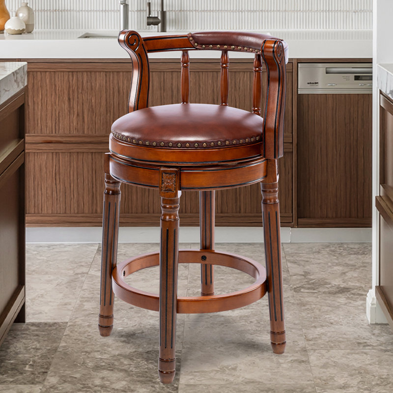 Swivel Bar Stool with Top-Grain Leather Seat, Hollow Back Design, Solid Wood Frame & Footrest for Kitchen, Dining, or Living Room