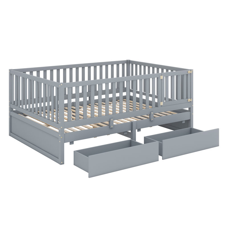 Daybed With Fence Guardrails And 2 Drawers, Split Into Independent Floor Bed & Daybed, Grey