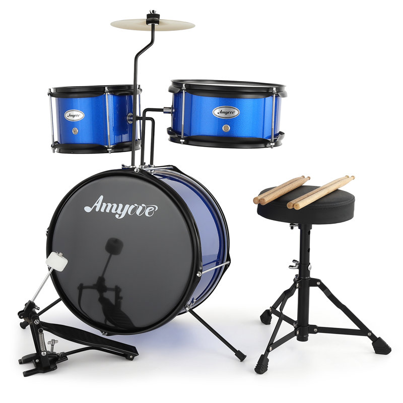 3-Piece Junior Drum Set for Beginners – Complete Kit with Cymbals, Throne Stool & Pedal, Wood & Metal Construction – Blue for Home Practice, Learning & Gifts